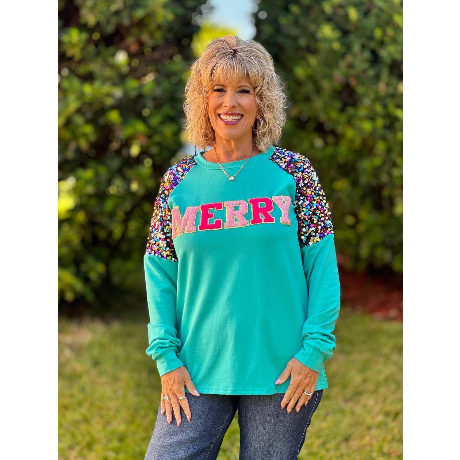 New Southern Grace Holiday Sweatshirts In Merry Sequin Sleeve